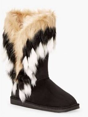 Women's Black Winter Boots with Multi-Color Faux Fur Trim